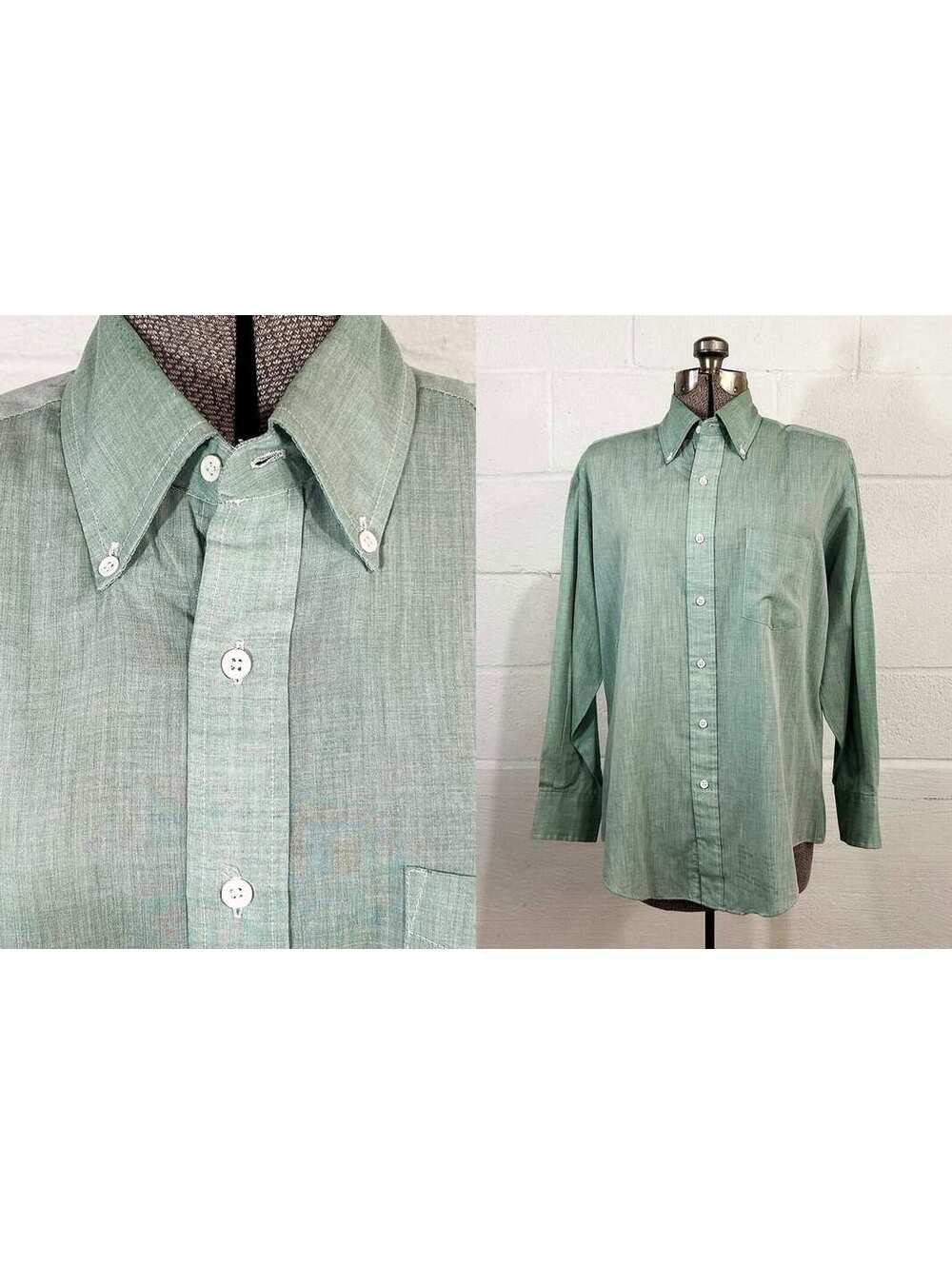 Sage Green Button Front Long Sleeve Shirt Collared Sears 1970s XL Large